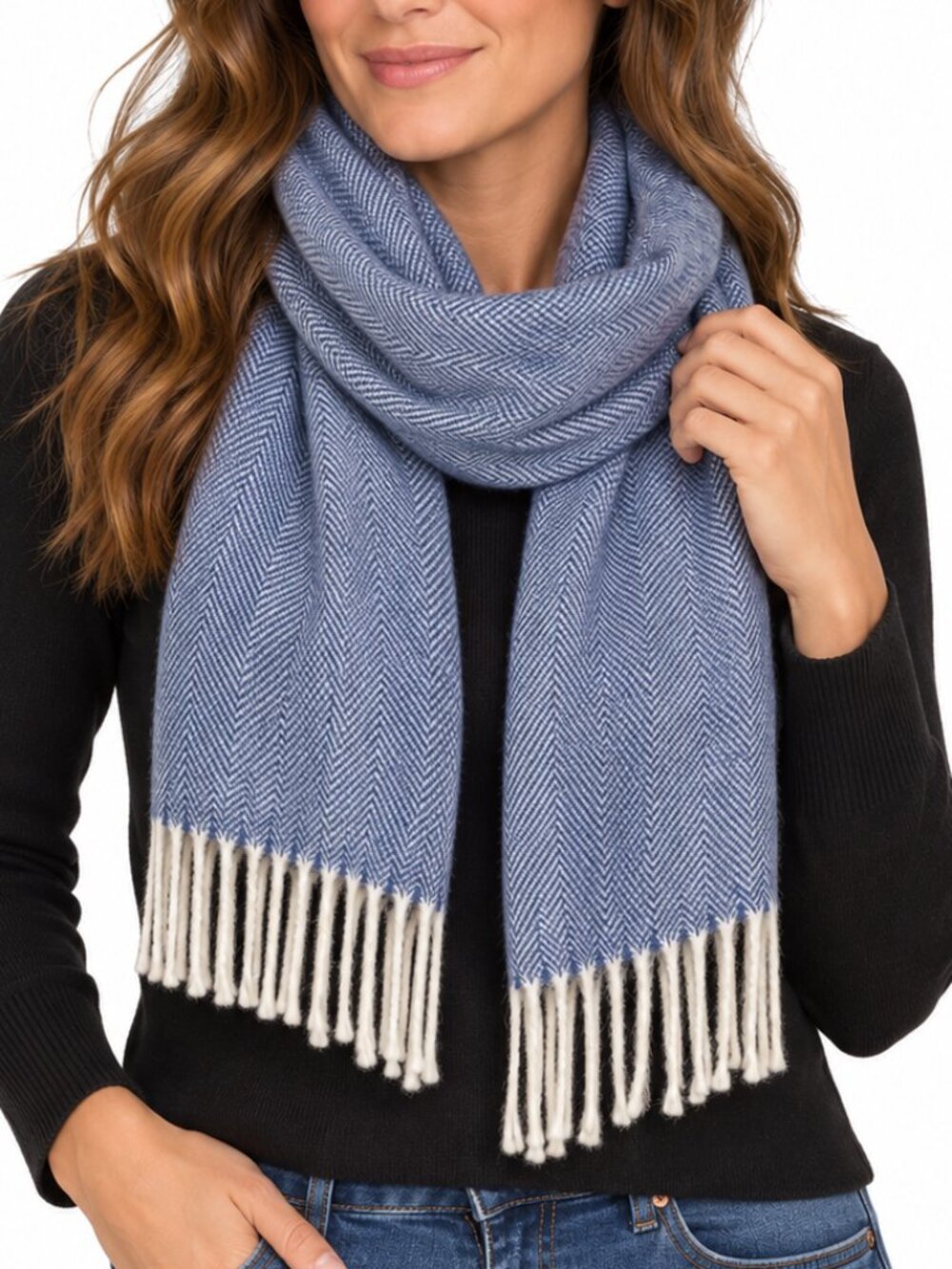 LINEA EMMETI NWT Italian Fine Merino Wool Knit Scarf Wrap Blue Chevron Unisex